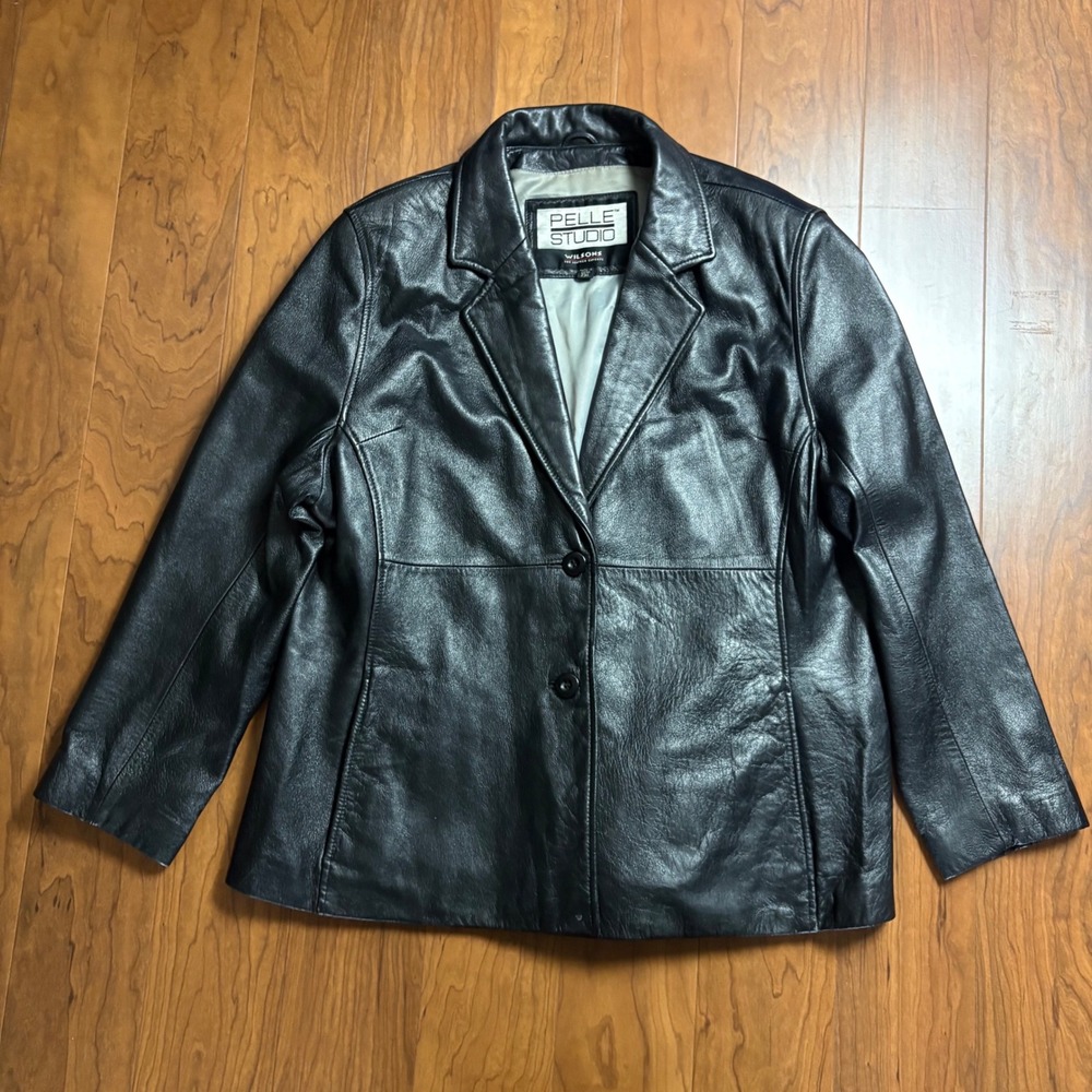 Pelle Studio Wilsons Black Leather Blazer Jacket 2XL Shoulder Pads RN 69426